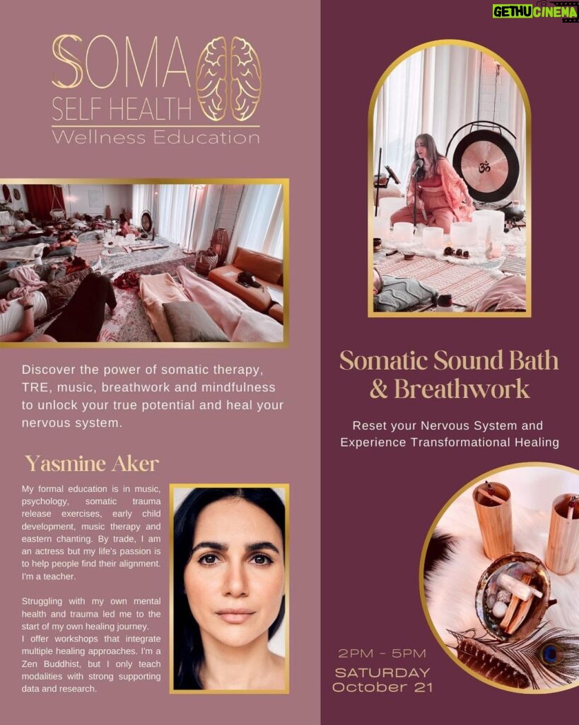 Yasmine Aker Instagram - 📣 Tickets available foe Somatic SoundBath & Breathwork ✨ 🗓️ SATURDAY October 21 ⏰ 2PM - 4:45РМ 🎟️ Get your tickets before they sell out as space is very limited. 🤍 Reset your nervous system and experience transformational healing. 🤍 Learn how to heal trauma with somatic, meditative, and sonic practices. 📍 The Temple LA 215 S La Cienega Bvld, Suite 200 Beverly Hills, CA, 90211 ⭐️ This class is a perfect combination of research backed science and the healing arts: blending healing frequencies, and somatic therapies to soothe the nervous system and help you experience deep healing. ✨ This class will help you process blocked emotions and trauma and teach you tools to help regulate your nervous system. ⚡️BENEFITS: • Improve symptoms of sciatica, fibromyalgia, aches, and pains • Release chronic stress, tension, emotional, and physical trauma • Increase sense of groundedness, energy, and wellbeing • Experience somatic release of trapped emotions • Improve symptoms of anxiety, depression, and addiction • Start your week empowered, connected, grounded, aligned, calm, and focused. #healing #somatichealing #somatictherapy #soundbath #tensionandtraumareleasingexercises #musictherapy #breathwork #losangeles Los Angeles, California