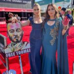 Yasmine Aker Instagram - This year, I had the honor of attending the Grammy’s with @azadeh.afsahi @shivaspix and @saraseyed — to be present for the award given to Shervin Hajipour @shervinine for his song "Baraye". A song that has united Iranians across the world. Thank you to @azadeh.afsahi for continuing to bring awareness to #toomajsalehi a rapper who is currently still in solidarity confinement for the simple act of his rap lyrics demanding justice for the people of Iran. Thank you to @weareuia for staying in contact with the Grammy’s and Shervin Jaan throughout the evening and creating the opportunity for us to participate. Thank you @azitamirjewelry for the beautiful human hair bracelet — Azita is an Iranian artist who collected the hair from women globally and created this piece as a symbolic armor against the Islamic Regime currently occupying Iran. The cuff bracelet is a symbol of female power and the fight for freedom, equal rights, and liberty. #womanlifefreedom #baraye #grammys #freetoomaj Grammy Red Carpet