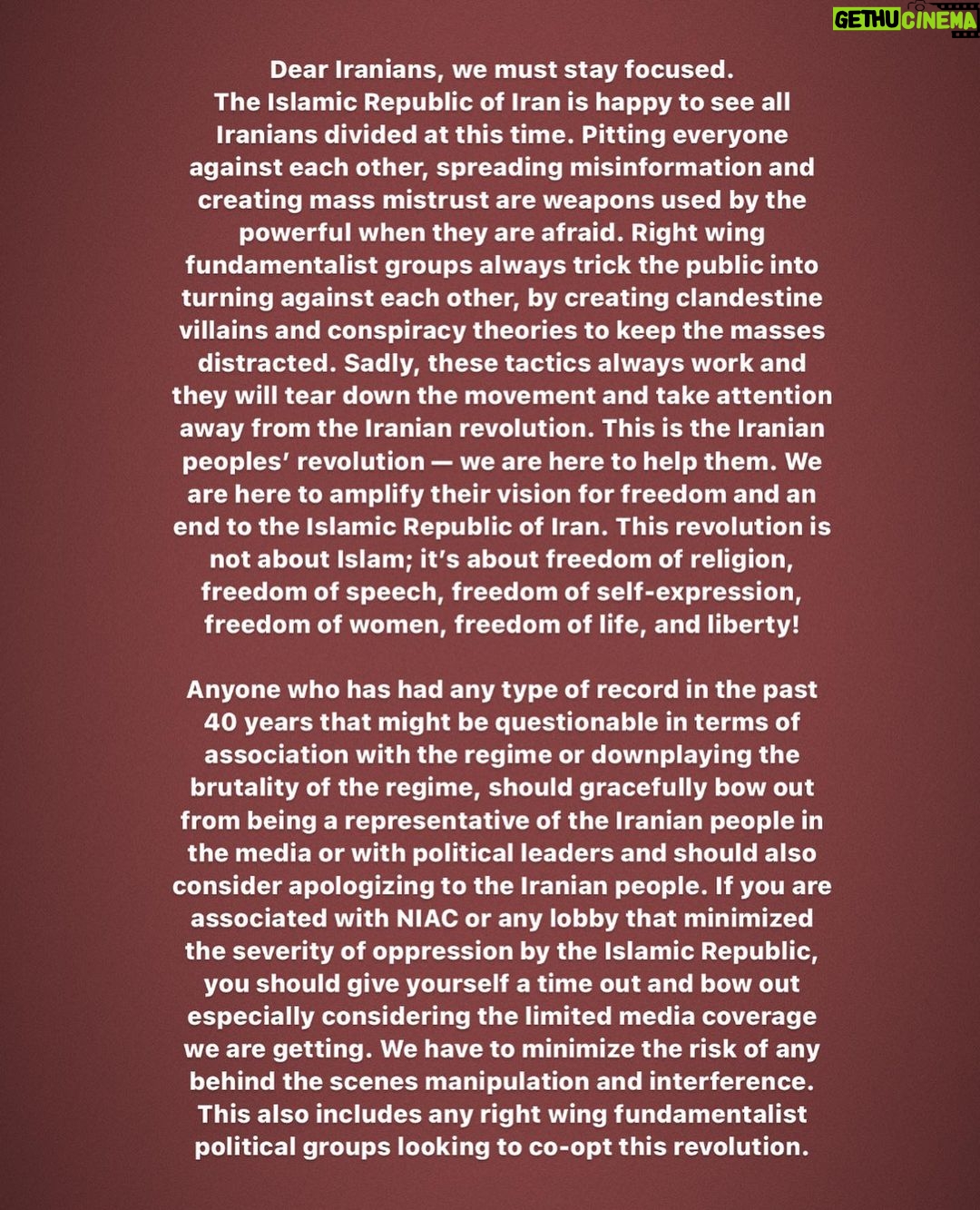 Yasmine Aker Instagram - No one affiliated with NIAC or MEK has any right to use name or content created on @iamyasi I have absolutely no ties or affiliation with NIAC, MEK or any members of IRI, IRGC or their families. I condemn NIAC, MEK, IRGC, IRI, and any other lobbies or political groups for the harm they have done to the Iranian people. I also disapprove of any right wing fundamentalist groups, nationalists, religious extremists, monarchies or politically driven groups looking to co-opt the Iranian peoples’ revolution. Period. *** All of this being said, this doesn’t mean that people affiliated with any such lobbies or groups should receive death threats or cyber bullying. If you know someone who is financially or administratively connected with the IRI or IRGC report them to your local and federal government, refrain from any bullying or violence. They will face justice in court. The Islamic Republic of Iran is happy to see all Iranians divided at this time. Pitting everyone against each other, spreading misinformation and creating mass mistrust are weapons used by the powerful when they are afraid. Right wing fundamentalist groups always trick the public into turning against each other, by creating clandestine villains and conspiracy theories to keep the masses distracted. Sadly, these tactics always work and they will tear down the movement and take attention away from the Iranian revolution. This is the Iranian peoples’ revolution — we are here to help them. We are here to amplify their vision for freedom and an end to the Islamic Republic of Iran. This revolution is not about Islam; it’s about freedom of religion, freedom from religion, freedom of speech, freedom of self-expression, freedom of women, freedom of life, and liberty! Please stay focused 🤍🕊 Woman. Life. Freedom. زن زندگی آزاری #opiran #mahsaamini #zhinaamini #iranprotests #iranrevolution #مهسا_امینی