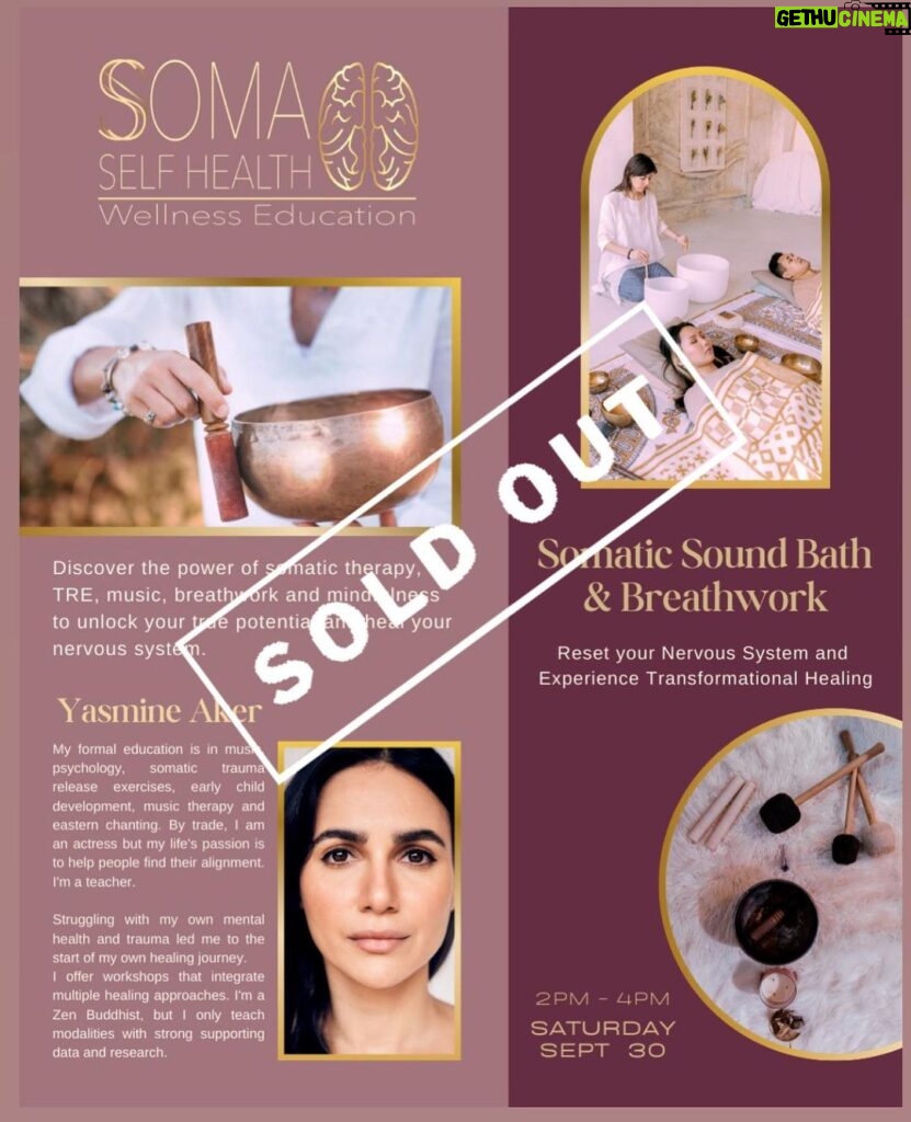 Yasmine Aker Instagram - ⭐️ The SATURDAY September 30th event is SOLD OUT 🙏🏼 Thank you to everyone who will be attending, I cannot wait to share with you the beautiful practices ✨ 🎟️ For those who were not able to get tickets I will be posting the eventbrite link for the October 21 class early next week. ✨ Tickets are limited, so please make sure to get yours before they sell out. 🙏🏼 🤍 Reset your nervous system and experience transformational healing. 🤍 Learn how to heal trauma with somatic, meditative, and sonic practices. The Temple LA 215 S La Cienega Bvld, Suite 200 Beverly Hills, CA, 90211 🤍 This class is a perfect combination of research backed science and the healing arts: blending healing frequencies, and somatic therapies to soothe the nervous system and help you experience deep healing. Our bodies need help to turn off our fight or flight response and require rest and relaxation in order to heal, this class will help you process blocked emotions and trauma and teach you tools to help regulate your nervous system. BENEFITS: • Improve symptoms of sciatica, fibromyalgia, aches, and pains • Release chronic stress, tension, emotional, and physical trauma • Increase sense of groundedness, energy, and wellbeing • Experience somatic release of trapped emotions • Improve symptoms of anxiety, depression, and addiction • Start your week empowered, connected, grounded, aligned, calm, and focused. #heal #somatichealing #somatictherapy #soundbath #tensionandtraumareleasingexercises #musictherapy #breathwork