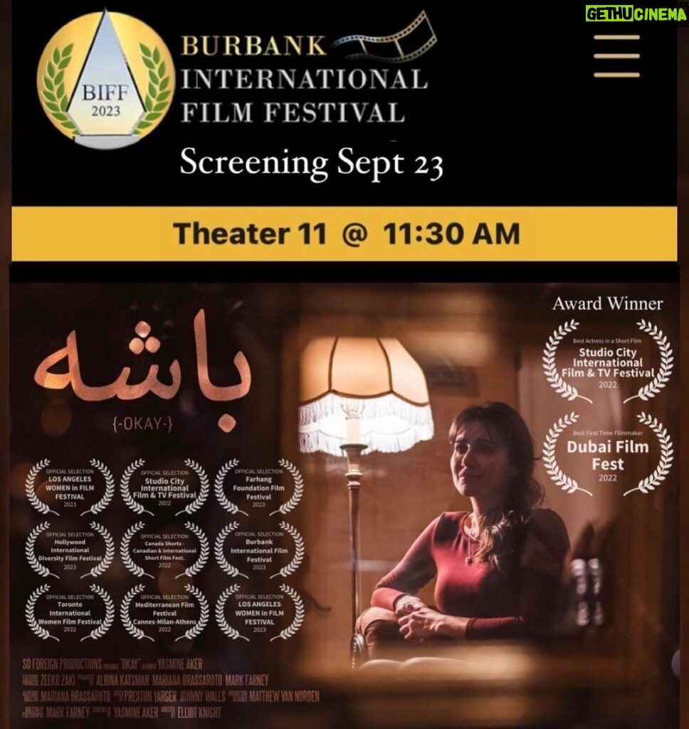 Yasmine Aker Instagram - ✨ We are honored to have our film @okay_shortfilm selected at the Burbank Film Festival! 🤍🙏🏼 🎥 Our short film will be screening Saturday, September 23 @11:30 AM at the AMC 16 Theaters — Theater 11 🎟️ Tickets are on sale and available at https://givebutter.com/BIFF2023 📍 Screening location: AMC 16 — Burbank 125 E Palm Ave Burbank, CA 91502 🎭 The Opening Night Reception will be on Thursday, Sept. 21st, from 8:00pm- 12:00am at Urban Press Winery. Address: 316 N San Fernando Blvd, Burbank, CA 91502 ⭐️ The Burbank City Council has declared that Sunday, Sept. 24, 2023, will be “Tim Burton Day". He will be attending the awards gala at the Burbank Marriott Convention Center. 🏆 Join us at the Marriott Burbank Convention Center for the Awards Gala on Sept. 24th! 📍 Address: 2500 N. Hollywood Way, Burbank, 91502 👗🎩 Dress Code: Semi-Formal Attire ⏰ 4:30pm-6:00pm: Red Carpet ⏰ 6:00pm: Dinner ⏰ 7:00pm: Tim Burton Live Interview with the Hollywood Reporter ⏰ 8:00pm: Awards Show will announce the nominees and winners of BIFF 2023! 🎊 Don’t miss the after parties Friday and Saturday evening! 💃🏻 Hilton Garden Inn on Friday, Sept. 22nd, from 8:00pm - 12:00am 🕺 Inkwell Tavern After Party on Saturday, Sept. 23rd from 8:00pm-12:00am at AMC Theatres — 924 S. San Fernando Blvd Burbank, 91502 🤍🙏🏼 Special thanks to all of the amazing people who made this film possible I owe a huge debt of gratitude: @zeekozaki @itselliotknight @farkmarney @albina.katsman @mediise @ohheyitsmari @soforeignofficial @hollyhkaplan @adamsilvera @samanthamelitta @elham.yaqubi @preston_yarger @mileskula @shayanebrahim @royazara @ebi @kourosh.yaghmaei @daalband @emadaghasi @preston_yarger @taragrammy @meitha14 @simasepehri_ @codycrump @bobbybrassmusic And so many more people #shortfilm #iranianwomen #indiefilm #womeninfilm #filmfestival #BurbankFilmFestival #BIFF2023 *** The Burbank film festival is not affiliated, sponsored or in any way associated with AMPTP. Burbank, Los Angeles, California