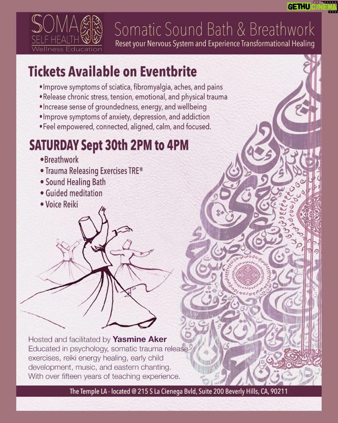 Yasmine Aker Instagram - ✨Only 12 more spots available for the Sept 30th class 🤍This class is a great fit for you: • if you feel stuck or blocked. • if you are needing to process past trauma • if you need more clarity around something in your life • if you are experiencing resentment 🤍BENEFITS: • Improve symptoms of sciatica, fibromyalgia, aches, and pains • Release chronic stress, tension, emotional, and physical trauma • Increase sense of groundedness, energy, and wellbeing • Experience somatic release of trapped emotions • Improve symptoms of anxiety, depression, and addiction • Start your week empowered, connected, grounded, aligned, calm, and focused. 💛This class is a perfect combination of research backed science and the healing arts: blending healing frequencies, and somatic therapies to soothe the nervous system and help you experience deep healing. Our bodies need help to turn off our fight or flight response and require rest and relaxation in order to heal, this class will help you process blocked emotions and trauma and teach you tools to help regulate your nervous system. Eventbrite link in bio for tickets 🎟️ #heal #somatichealing #somatictherapy #soundbath #tensionandtraumareleasingexercises #musictherapy Los Angeles, California