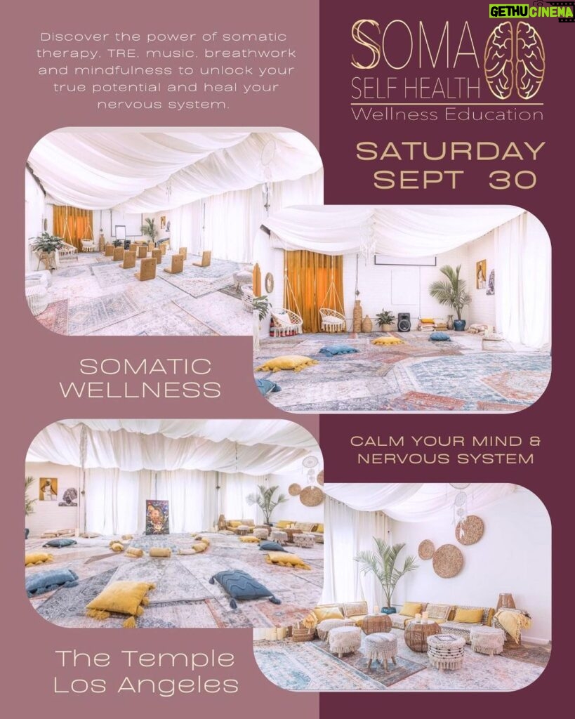 Yasmine Aker Instagram - Somatic Sound Bath & Breathwork SATURDAY September 30th 2PM - 4РМ Get your tickets before they sell out as space is very limited. Tickets are available on eventbrite, follow the link in bio. These classes are absolutely magical, and unlike anything you’ve ever experienced in other sound baths or breath work classes. Reset your nervous system and experience transformational healing. Learn how to heal trauma with somatic, meditative, and sonic practices. The Temple LA 215 S La Cienega Bvld, Suite 200 Beverly Hills, CA, 90211 This class is a perfect combination of research backed science and the healing arts: blending healing frequencies, and somatic therapies to soothe the nervous system and help you experience deep healing. Our bodies need help to turn off our fight or flight response and require rest and relaxation in order to heal, this class will help you process blocked emotions and trauma and teach you tools to help regulate your nervous system. BENEFITS: • Improve symptoms of sciatica, fibromyalgia, aches, and pains • Release chronic stress, tension, emotional, and physical trauma • Increase sense of groundedness, energy, and wellbeing • Experience somatic release of trapped emotions • Improve symptoms of anxiety, depression, and addiction • Start your week empowered, connected, grounded, aligned, calm, and focused. #heal #somatichealing #somatictherapy #soundbath #tensionandtraumareleasingexercises #musictherapy #breathwork