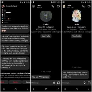 Yumi Stynes Instagram - ⚠️TRIGGER WARNING ⚠️

Abuse, threats of violence, homophobia

Some of these are old. I'm just emptying the inbox. They've been sitting there like a toothache. In previous pile-ons I was so disgusted by the messages that my first instinct was to delete and block, which I did. 

But on reflection I wished 1). I'd held those people accountable 2). I'd kept a record of the abuse. Because you wouldn't believe what some people will say. Even the people themselves sending the messages I think - they forget. Just some pithy abuse, seeya.

I get lots of supportive, amazing messages 🤗 and sometimes, with permission, I post those. Thank you for messaging me those kinds of words! I'm not looking for attention or sympathy.

Airing these out.