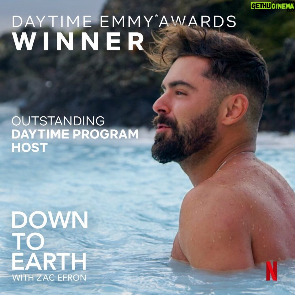 Zac Efron Instagram - Wow! Never expected this and so grateful. A HUGE thank you to #daytimeemmys @netflix and our small but powerful crew @zacdowntoearth who made this show what it is. And most of all, thank all of you for watching and enjoying D2E. This is for you. Get ready for the next adventure it’s going to be a good one. Love u guys ❤️🙏🏼