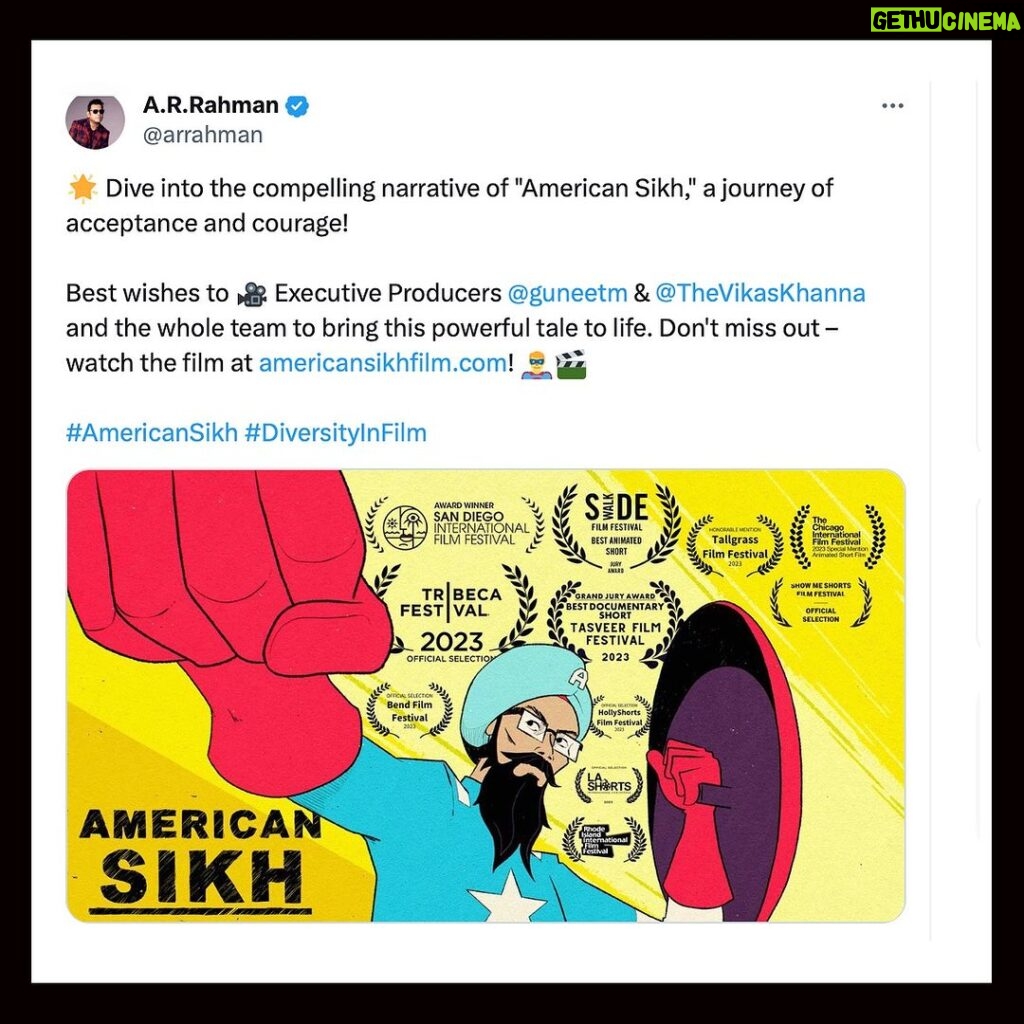 A. R. Rahman Instagram - Thank you Legend, Mentor & Friend for your support for AMERICAN SIKH FILM. Dear @arrahman you inspired so many generations to dream big globally & be true to our craft. You are our National Treasure. 🙏🏽❤️⭐️ Our short animated film is eligible for 96th Academy Awards now. Yours Truly, American Sikh Team