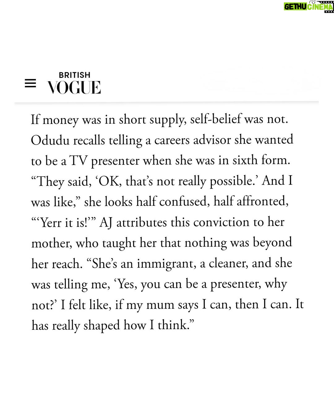 AJ Odudu Instagram - Can’t believe the word “Slay-J” has been immortalised in British Vogue forever and that what my mum says, goes. 👑🇳🇬✨ . Thanks for a beautiful interview @kerrymcdermott & a glorious shoot @benwellerstudio 🥰 Special thanks to @edward_enninful @gileshatterslay & @oemarks ✨ . The February issue of @britishvogue featuring my full interview is out now. 👊🏿💥 London, United Kingdom