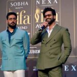 Abhishek Bachchan Instagram - Getting into the groove of #IIFA2023 with the talented @vickykaushal09. Looking forward to hosting and entertaining all of you. My friend @osmanabdulrazak , I hope I carried off the clothes well? Not half as cool as you, but I tried. 🫣