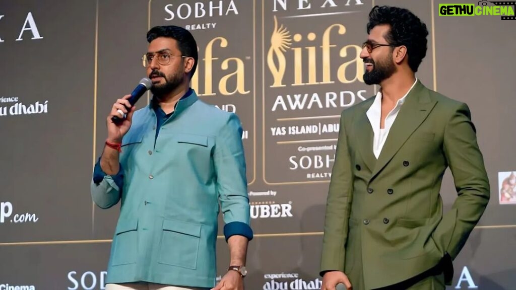 Abhishek Bachchan Instagram - Getting into the groove of #IIFA2023 with the talented @vickykaushal09. Looking forward to hosting and entertaining all of you. My friend @osmanabdulrazak , I hope I carried off the clothes well? Not half as cool as you, but I tried. 🫣