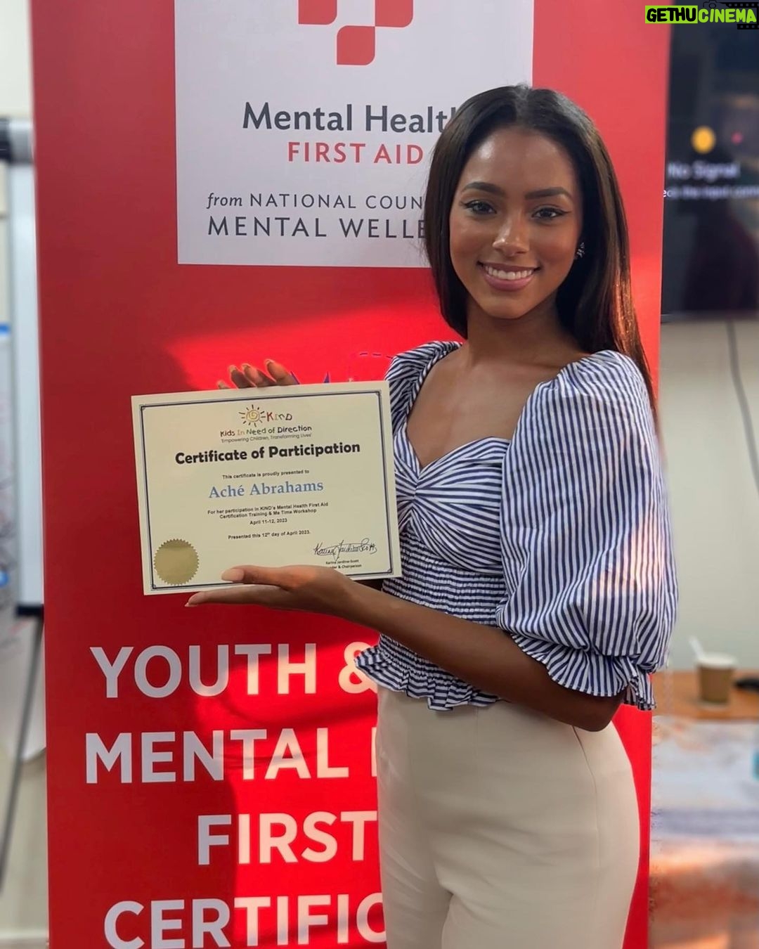 Aché Abrahams - 1.4K Likes - It’s official!! 🥳 I’m now a Youth Mental health first aider thanks to @kind_tt sponsoring the National council for well-being’s Mental Health first aid training & ‘me time’ workshop facilitated by the incredibly inspiring Dr Astril Webb @healthykinder
This certificate means so much more than just a qualification to me. For those who don’t know my story, I struggled with severe depression and anxiety as a teenager for 6 years. I’ve seen and experienced the struggle, the pain, the ugliness, the stigma first hand. Today at 23 years old, I am happy, healthy and now qualified to help others overcome!! Today was an emotional day for me (in the best way possible🥹). Ready to use all this new info to continue my beauty with a purpose project @invisiblescarsproject_mwtt
We all go through struggles in life but it’s what we do about it that matters. I’m so proud to say that I trained alongside so many devoted teachers and educators who also want to support the young ones. Teachers are the true heroes our society needs and I can truly say that T&T is taking the steps in the right direction to become the change that we need in the world today. We are making mental health a priority and it is my honour to be part of that movement. Now… onto the next step; becoming a mental health first aider for adults (excited for tomorrow @kind_tt 💚)
@missworldtrinidadandtobago
#missworld
#beautywithapurpose
#roadtomissworld
#InvisibleScarsProject
#missworldtrinidadandtobago