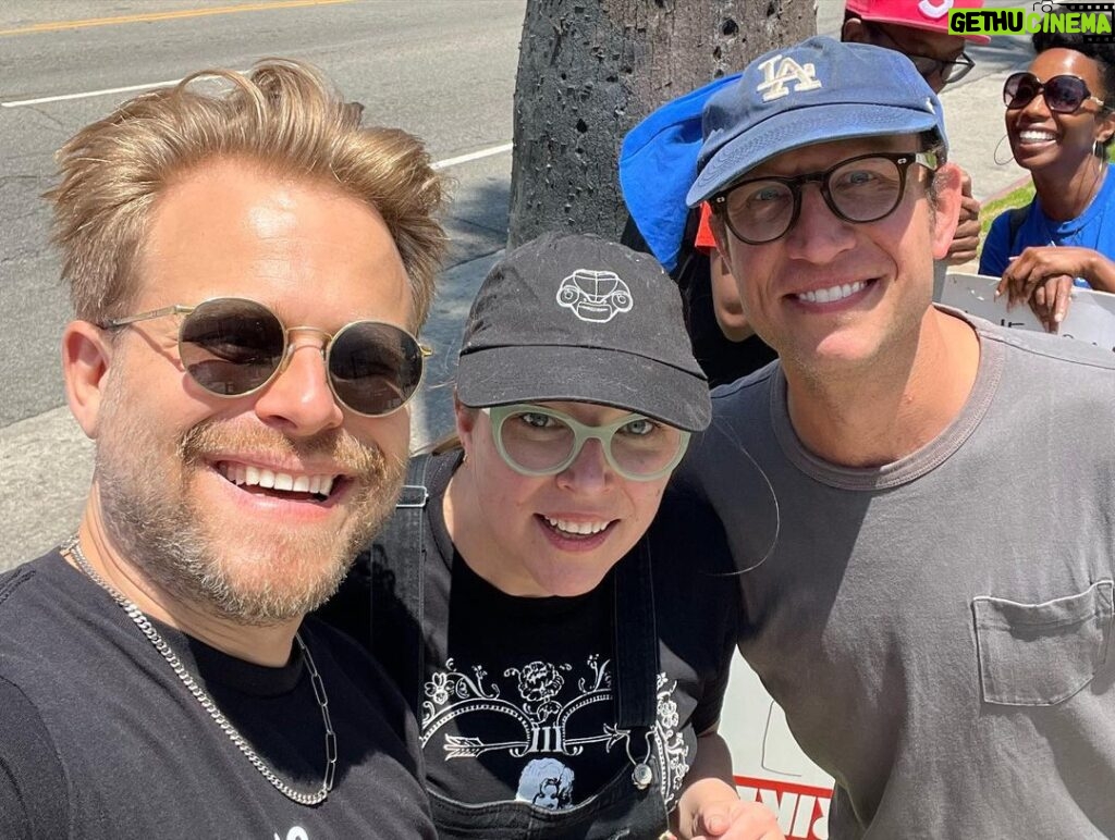 Adam Conover Instagram - What a joy to reunite with the Adam Ruins Everything and G Word creative staffs on the picket line this week and fight for our common needs. I owe everything to the creative people we made these shows. ALL of them deserve a union, and ALL of them deserve to be paid fairly. AMPTP is LITTLE BUGS!!! (Also, see if you can spot the lady who jumped into our group picture even though she didn’t work on the show) Los Angeles, California