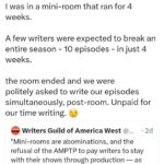 Adam Conover Instagram – If you have any doubt – ANY doubt – that television writers are being asked to work for such low pay in such precarious conditions that many can’t afford to pay rent – read this thread. Reposted with permission from @jamesearliii