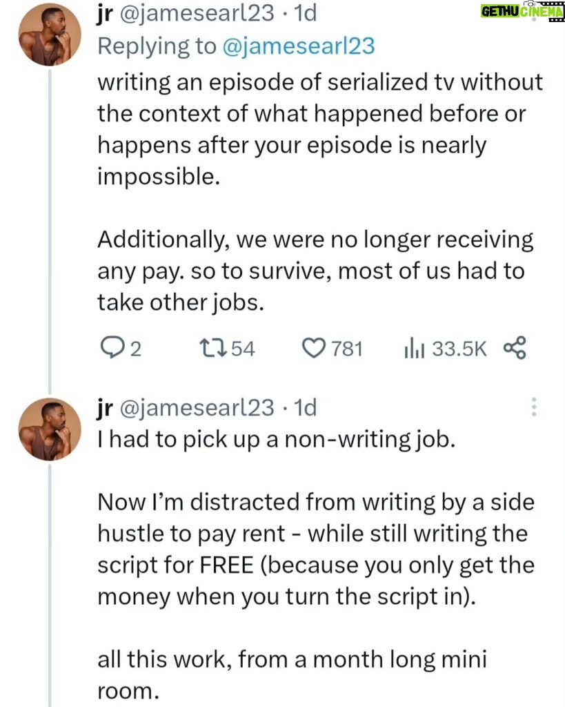 Adam Conover Instagram - If you have any doubt - ANY doubt - that television writers are being asked to work for such low pay in such precarious conditions that many can't afford to pay rent - read this thread. Reposted with permission from @jamesearliii