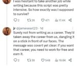 Adam Conover Instagram – If you have any doubt – ANY doubt – that television writers are being asked to work for such low pay in such precarious conditions that many can’t afford to pay rent – read this thread. Reposted with permission from @jamesearliii