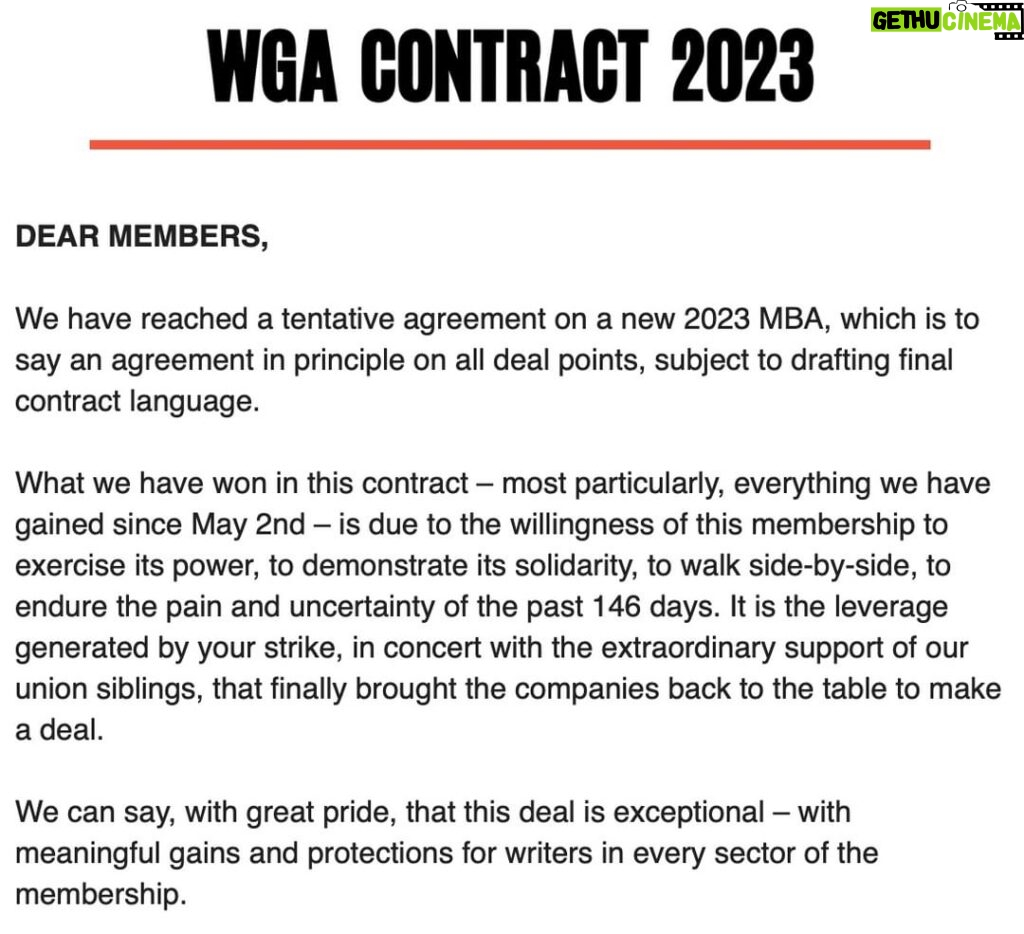Adam Conover Instagram - We did it. We have a tentative deal. Over the coming days, we'll discuss and vote on it, together, as a democratic union. But today, I want to thank every single WGA member, and every fellow worker who stood with us in solidarity. You made this possible. Thank you. #WGAStrong @writersguildwest