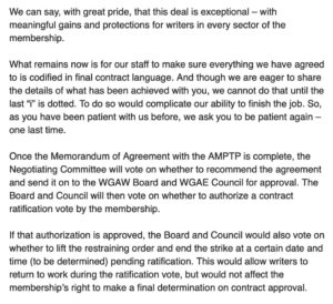 Adam Conover Instagram - We did it. We have a tentative deal.

Over the coming days, we'll discuss and vote on it, together, as a democratic union. But today, I want to thank every single WGA member, and every fellow worker who stood with us in solidarity. You made this possible. Thank you. #WGAStrong @writersguildwest