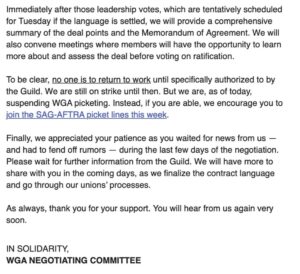 Adam Conover Instagram - We did it. We have a tentative deal.

Over the coming days, we'll discuss and vote on it, together, as a democratic union. But today, I want to thank every single WGA member, and every fellow worker who stood with us in solidarity. You made this possible. Thank you. #WGAStrong @writersguildwest