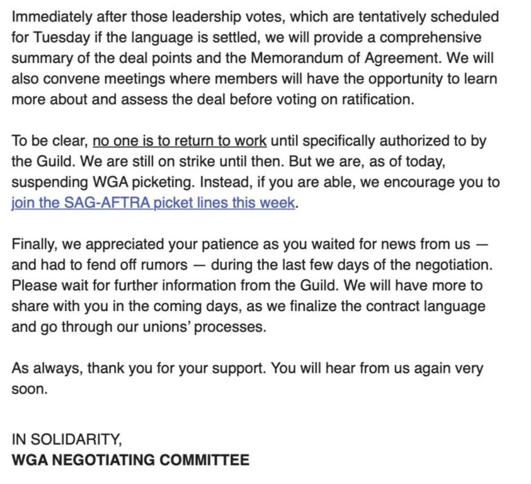 Adam Conover Instagram - We did it. We have a tentative deal. Over the coming days, we'll discuss and vote on it, together, as a democratic union. But today, I want to thank every single WGA member, and every fellow worker who stood with us in solidarity. You made this possible. Thank you. #WGAStrong @writersguildwest