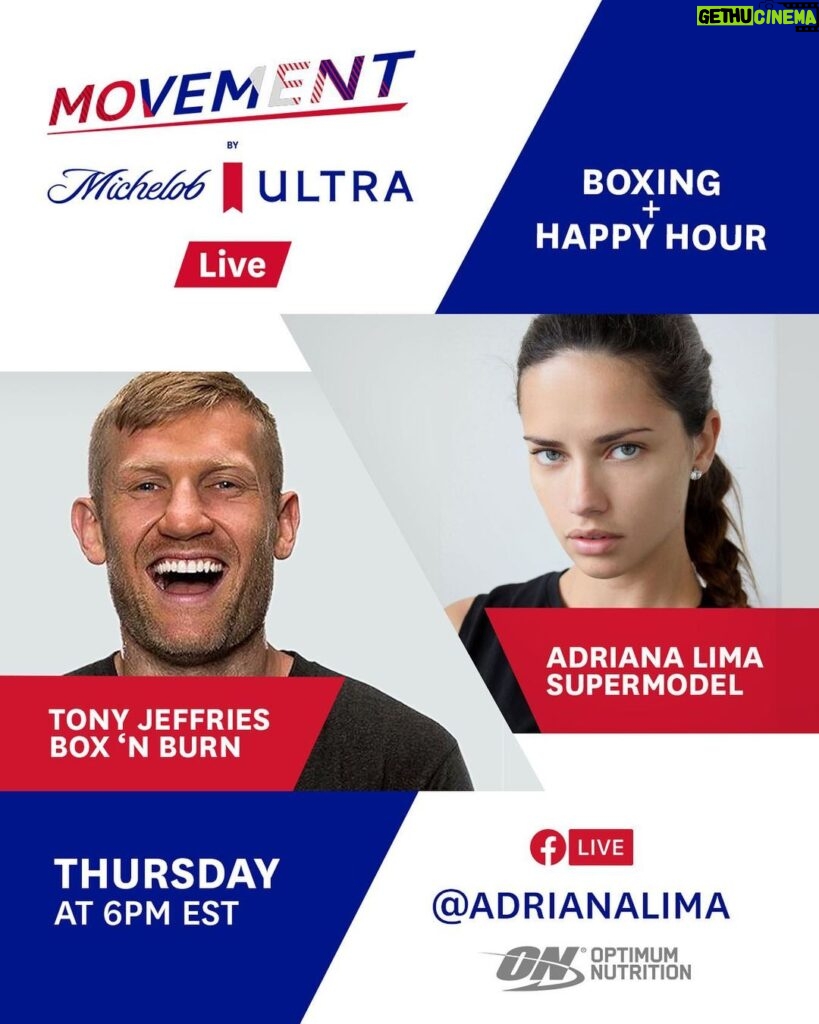 Adriana Lima Instagram - Let’s Go! Grab your mat and join me and #MOVEMENTbyMichelobULTRA Live this Thursday at 6p ET! Olympic boxer @tony_jeffries will be leading us through a boxing workout followed by a happy hour Q&A. Get your sweat on while helping local fitness studios across the nation. @michelobultra and @optimumnutrition are matching funds raised up to $7,500 for @BoxNBurn.