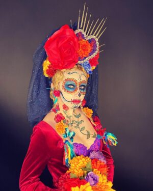 Aimee La Joie Instagram - I was honored to be asked by Emmy winners @angelamoosmakeup and @joematke to be their model for this Día de Los Muertos competition! Día de Los Muertos has always been a celebration that I have deeply admired and respected, from the surface level colors and spectacle to the true, beautiful meaning of the holiday. The older I get, the more I appreciate the people from my life who are no longer with us. ❤️ Vote for our look in the link in my bio! 
#diadelosmuertos #dayofthedead #aimeelajoie