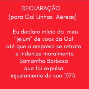 Aldri Anunciação Instagram - *Declaro o início de meu "jejum" de voos da Gol até que a empresa se retrate e indenize moralmente Samantha Barbosa que foi expulsa injustamente do voo 1575.

*O "jejum" de voos da Gol perdura até que a empresa turbine uma dinâmica educativa sobre os 05  fundamentos do Letramento Racial  para todos os seus Comandantes, com vistas a práticas antirracistas nos serviços e voos. 

*Por + respeito, sensibilidade e razoabilidade na sociedade. 

OBS: Autorizo que qualquer um  reutilze este card  em  seu perfil caso tenha vontade. 😉

*Sejam bem vindas @latamairlines e @azulinhasaereas! (Por enquanto) conto com seus voos! 😉

#racismo 
#gollinhasaereas 
#samanthabarbosa
#companhiaaérea
#bagagem
#respeito
#blacklivesmatter 
#passagemaérea
#comandante
#nãovoegol
#racismonoar