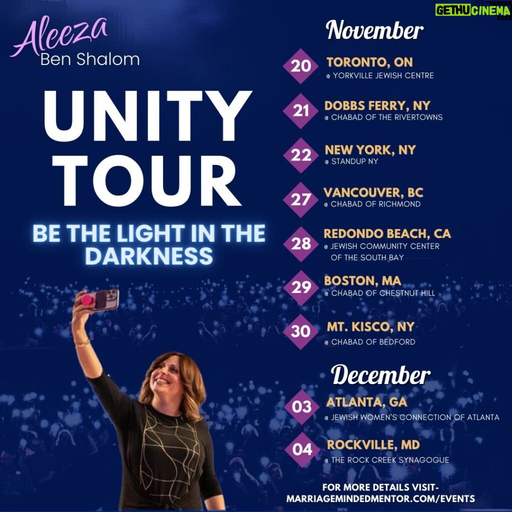Aleeza Ben Shalom Instagram - 💫 Kicking off my Unity Tour Monday, November 20th in Toronto! 🚀 Join me on my mission to 'Be the Light in the Darkness' during these dark times. 💞 Our goal is not just find love but spread positivity, ignite connections, and be a guiding light in every corner. 🎟️ Tickets on sale now. Hope to see you in a city near you! Check out the link in my bio for tickets or visit www.aleezabenshalom.com/events #AleezaBenShalomLive #Unitytour #JewishMatchmaking
