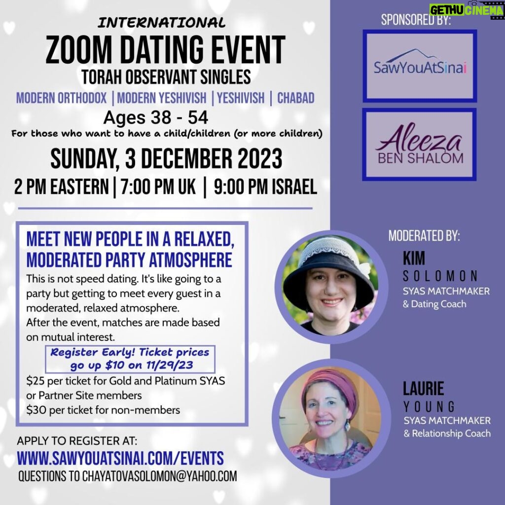 Aleeza Ben Shalom Instagram - 38-54, this one is for you 💕! 📢 You asked, we listened! Jewish video speed dating! 🫶🏼 Meet new people in a relaxed, moderated atmosphere! 🗓 Sunday, December 3. 2PM EST | 7PM UK | 9PM ISRAEL 📲 To sign up, visit or click the link: www.sawyouatsinai.com/events #matchmaking #speeddating #jewish #JewishDating #JewishSingles