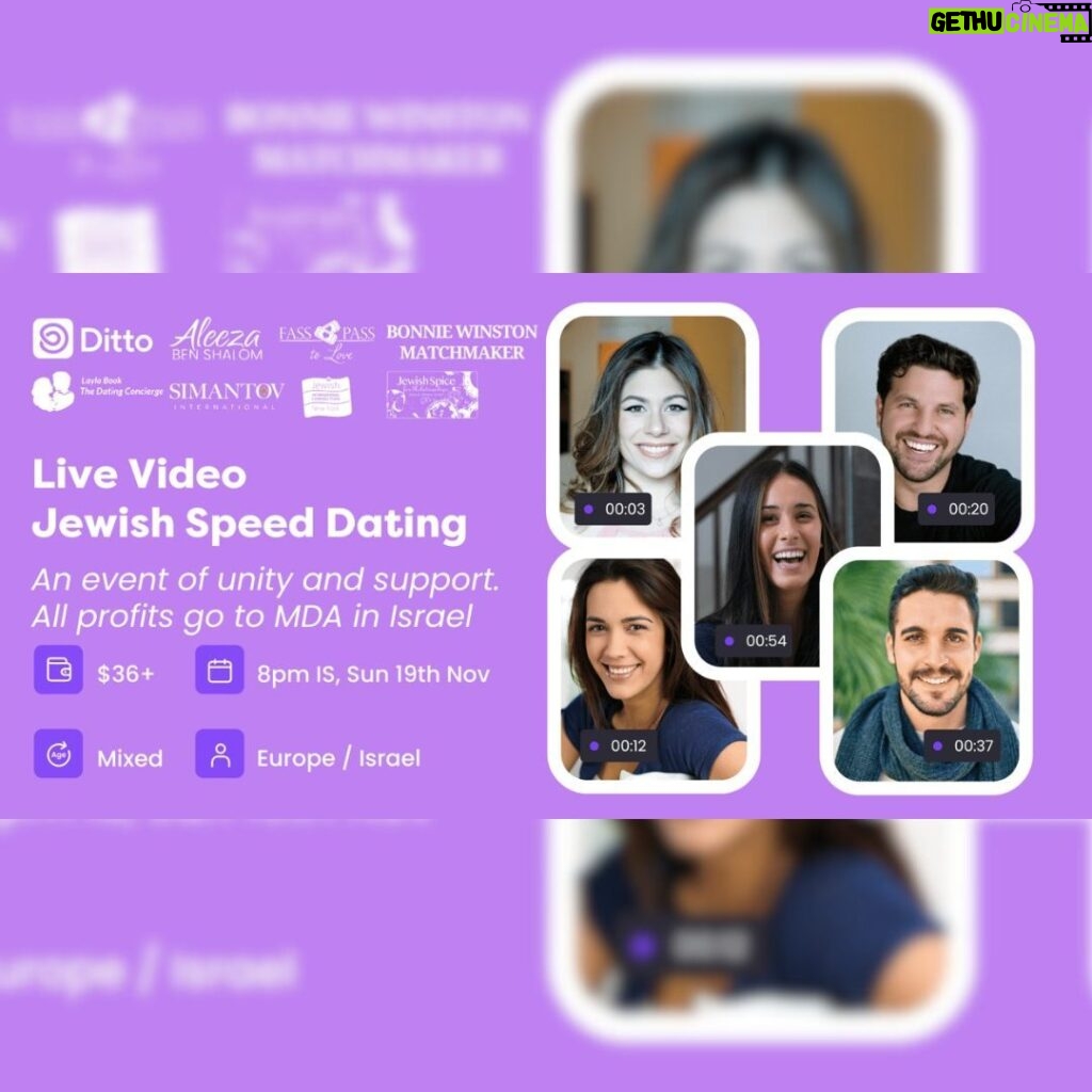 Aleeza Ben Shalom Instagram - Join us for an evening of unity & support with a special live video speed dating event! We've partnered with 💑 @jessicafass, @jewish_matchmaking, @laylafindslove, @jicnysocial, @bonniewinstonmatchmaker, and @jewishspiceforrelationships1 for this meaningful event for Jewish Singles. All profits will go to 🚑 MDAIS (@magen_david_adom in Israel), the national organization responsible for emergency medical care and blood services in Israel. They are on the front lines caring for the wounded. Event Details: 📅 Date: Sunday, November 19 ⏰ Time: 8pm EST 👫 Ages: Mixed 🕍 Open to less observant singles How It Works: 1. Get your ticket. 2. Download the app and create an account. 3. Enter your event entry code. 4. Enjoy quick video speed dates. 5. Like or Pass. 6. Repeat. 7. Connect further with matches after the event. Don't miss this event; it's sure to sell out! Get your ticket now. 🎟️ Visit the link below to register: https://lu.ma/nm4s8qcp