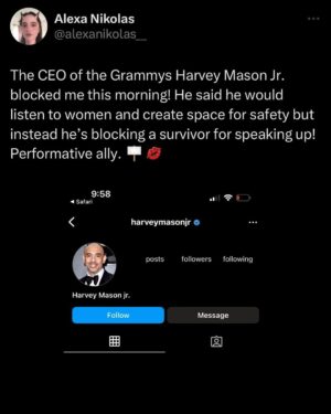 Alexa Nikolas Instagram - Harvey your job as a CEO @recordingacademy is to have hard conversations and like you said “listen to women”. Today you chose to not listen to a woman. Today you chose to not listen to a survivor. Instead you followed in the footsteps of the recent allegations against your company and silenced my voice on behalf of all voices that have been silenced by this industry by blocking me after posting an open letter to you. I am rooting for you to put your words into action but this was simply not it. What you preach now feels performative and we would all rather see you being your best self. You can do it Harvey. ✊