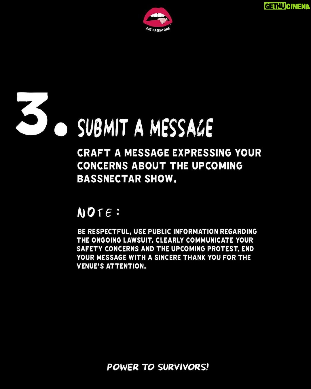 Alexa Nikolas Instagram - 🚨CALL TO ACTION 🚨Dear survivors and allies, please take a moment to follow the ACTION STEPS to advocate for safety in the music industry @palladiumtimessquare #bassnectar Palladium Times Square