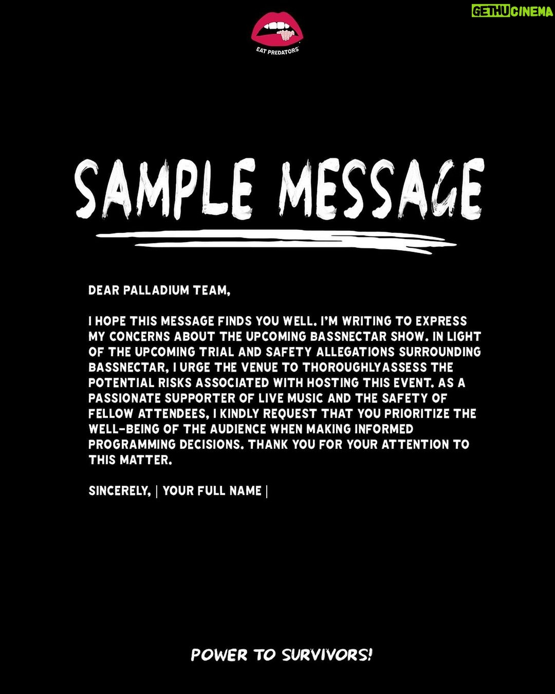 Alexa Nikolas Instagram - 🚨CALL TO ACTION 🚨Dear survivors and allies, please take a moment to follow the ACTION STEPS to advocate for safety in the music industry @palladiumtimessquare #bassnectar Palladium Times Square