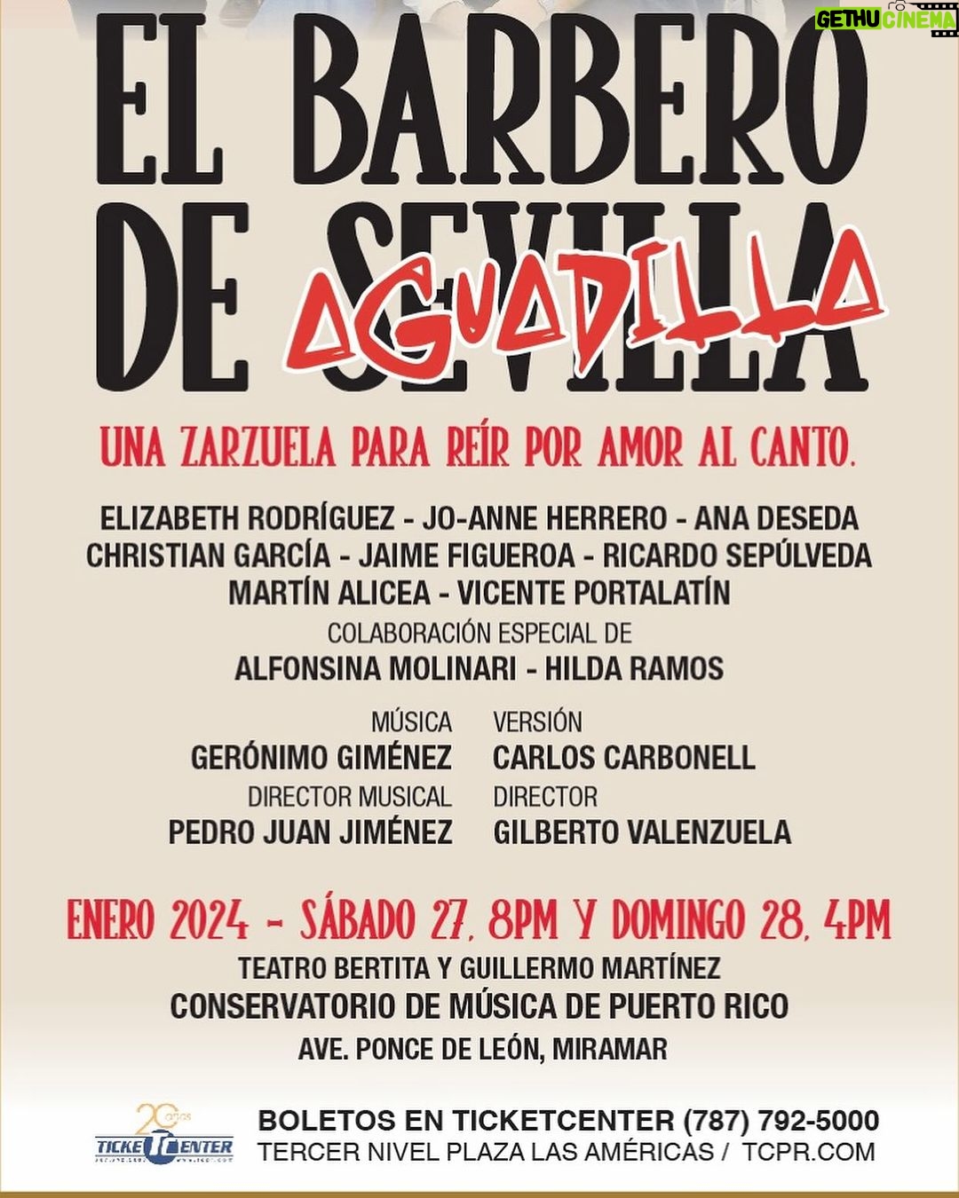 Alfonsina Molinari Instagram - ZARZUELA EN ENERO EN EL CONSERVATORIO Como ya nos tiene acostumbrados, la Compañía Teatro Lírico regresa al Conservatorio de Música para comenzar el año con una divertidísima zarzuela cómica interpretada por excelentes cantantes líricos y expertos comediantes bajo la ingeniosa dirección escénica de Gilberto Valenzuela y la musical de Pedro Juan Jiménez. Tras los éxitos de “El Dúo de La Africana”, “Los Claveles” y “La Corte de Faraón”, esta vez sube a escena “El Barbero de Sevilla”; no la ópera, sino una divertidísima zarzuela. La trama trata sobre una joven soprano que hará su debut en las tablas en una producción de la ópera en cuestión, que se presenta en un teatro de Aguadilla. Razón por la cual, en esta versión a cargo del director artístico Carlos Carbonell, la obra se titula “El Barbero de… Aguadilla”. Las funciones de “El Barbero de… Aguadilla” serán el sábado 27 de enero al as 8pm y el domingo 28 a las 4pm. Los boletos estarán a la venta a partir del 20 de diciembre en TicketCenter – a tiempo para el perfecto regalo de Navidad para quienes quiera disfrutar de hermosa música, bellas voces y carcajadas a granel.
