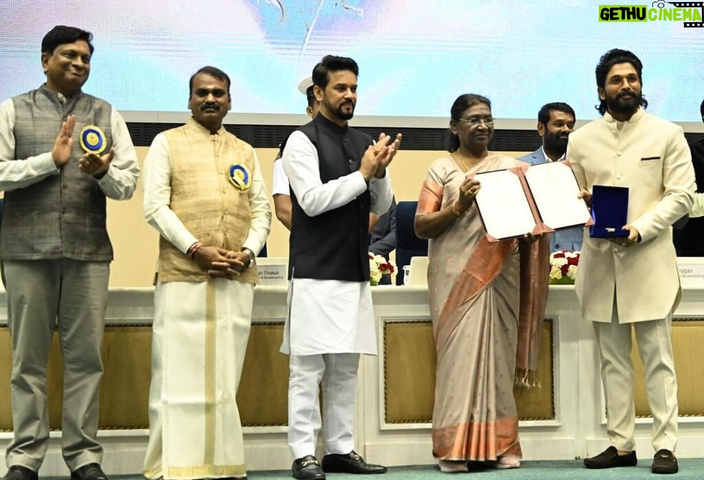 Allu Arjun Instagram - Honoured to receive the National Award. I want to thank the jury, the ministry, the Government of India, for this recognition. This award is not only a personal milestone, but belongs to all people who have supported and cherished our cinema. Thank you, @aryasukku garu. You are the reason behind my achievement.