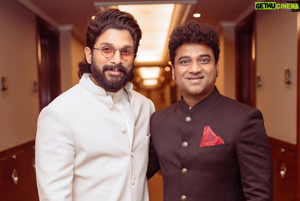 Allu Arjun Instagram - Very memorable to receive it along with my childhood friend , my music director, my well wisher & my cheer leader . Soo glad we received our first together . From Chennai roads to Delhi auditorium … it’s a 25 years journey 🖤 . #nationalaward #nationalawards2023