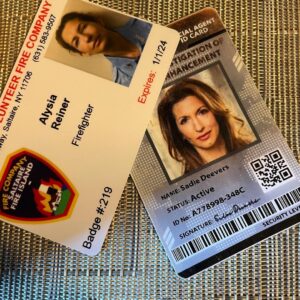Alysia Reiner Instagram - Which is real? 
(Also, wtf is real these days)
We all contain multitudes.
Show me your cards, 
I showed you mine. 

#disneyplusday #icontainmultitudes #tbt #cardplayer #marvel #dodc #sadiedeever #agentdeever #saltairevolunteerfirecompany #saltaire #fireisland #firefighter