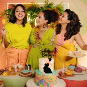 Amala Paul Instagram - A decade-long journey of love and friendship - celebrating Serah’s baby shower 🫄🎂 Cheers to Bff @rachel_maaney for throwing an awesome baby shower, the decor was just as colorful as our memories and journey together! 💖👶🏽
Congratulations @pearlemaany and @srinish_aravind for a magical new beginning! 🌈
Wishing all the happiness to the family for their new journey ahead! 🌟🤍

#babyshower