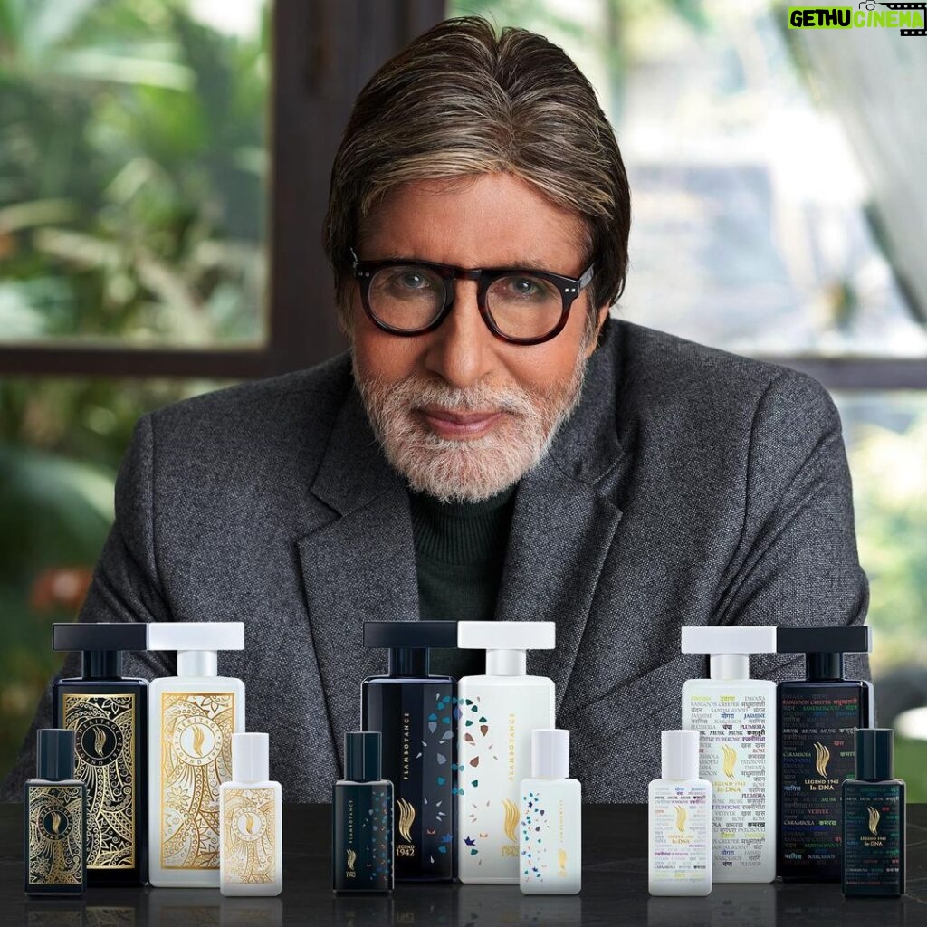 Amitabh Bachchan Instagram - Proud to present to you Legend 1942 - a collection of perfumes I’ve spent many months curating with a team of fragrance makers. Crafted with homegrown ingredients, @legend1942_ is a testament to our country’s rich aromatic legacy. Let’s take India to the world. Legend 1942 is a collaboration / Partnership venture @anuradhasansar #legend1942 #paidpartnership #affiliate #ad #collaboration #Legend1942 #NewLaunch #MadeInIndia @anuradhasansar