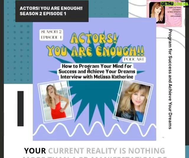 Amy Lyndon Instagram - My Podcast, “Actors! You Are Enough!!!” Season 2 launches today🎉 In this episode with Melissa Kathryn, we explore practical tips to help you embrace your true potential, manifest your dream reality, and reprogram your subconscious for success. Get ready to change your tomorrow by taking inspired action today! Remember that you have the power within you to believe in yourself, love yourself unconditionally, and manifest the reality of your dreams. By reprogramming your subconscious and taking small steps today, you can create a brighter and more fulfilling tomorrow. Keep shining your inner light, and know you are ENOUGH. Until next time, stay inspired! Melissa is a Certified Holistic Nutritionist, Master Life Coach, Mindset Expert, Globally Recognized Intuitive, Hypnotherapist, International Best-Selling Author, Host, and Speaker. She has been a featured TEDx speaker and has been featured on New York Live, The CW, NBC, ABC, Parade, Parents, Health, US Weekly, Reader’s Digest, and many more. She is also a writer for publications such as Real Simple, Mind Body Green, and Shape Magazine. Melissa’s show, “Wholeness,” is featured on LA Talk Radio on Wednesdays at 1pm PT/4pm ET. @melissakathrynofficial #podcastersofinstagrams #podcast #podcasting #tedtalks #thelyndontechnique #actorsyouareenough @iamenough.original #actors #actingadvice #actingcoach #inspirationalspeaker Hollywood, California