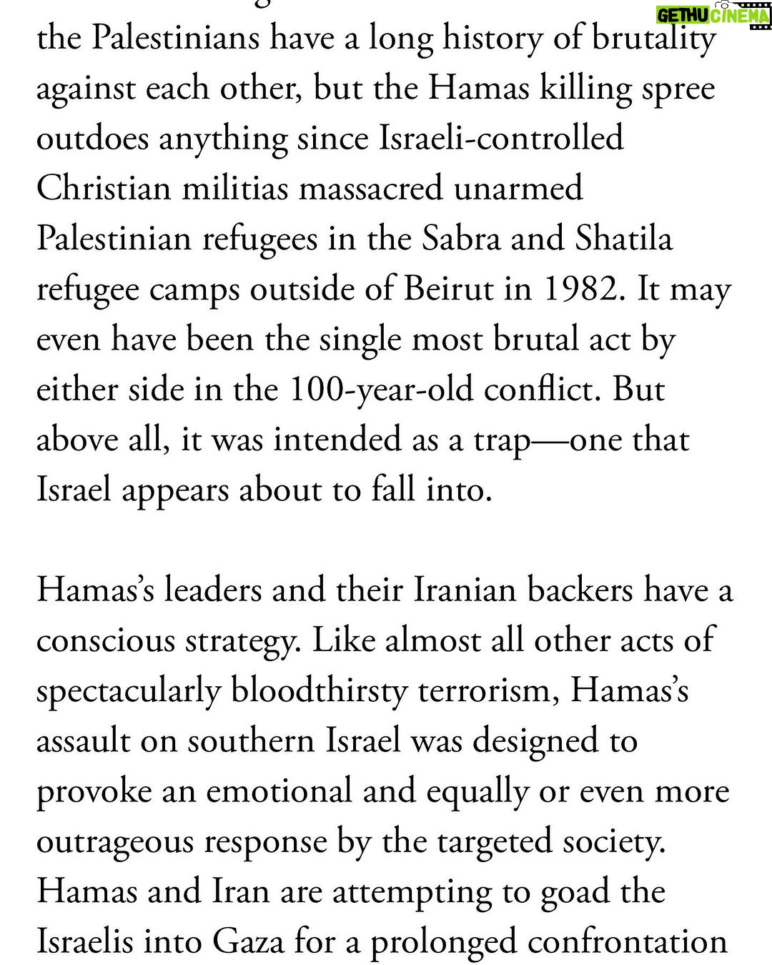 Amy Schumer Instagram - This does a good job of explaining why Hamas did this and how innocent Israelis and innocent Palestinians are just pawns. Hamas is funded by Iran. Worth reading. No gruesome details. @theatlantic
