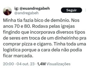 André Gabeh Instagram - Publiquei essa minha história no "tuíter" e ela teve quase um milhão e meio de visualizações. O pessoal do @atoresdadepressao publicou por aqui e eu também resolvi postar no meu perfil.
Sabe onde tem mais histórias melhores e como essa? No meu livro NUNCA FOI SORTE SEMPRE FOI MACUMBA. Já leu? Leia.
Compartilhe se gostar.

#artistasuburbanoreflexivo
