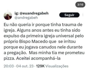 André Gabeh Instagram - Publiquei essa minha história no "tuíter" e ela teve quase um milhão e meio de visualizações. O pessoal do @atoresdadepressao publicou por aqui e eu também resolvi postar no meu perfil.
Sabe onde tem mais histórias melhores e como essa? No meu livro NUNCA FOI SORTE SEMPRE FOI MACUMBA. Já leu? Leia.
Compartilhe se gostar.

#artistasuburbanoreflexivo
