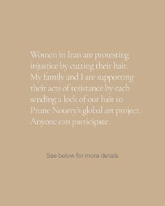 Angelina Jolie Instagram - My friend @Prune Nourry is running a beautiful art project to show solidarity with brave women in Iran who are struggling for equality and rights, and to honor their courage. My family are taking part. Anyone can participate in the project by sending a lock of their hair, before February 25th, to:  MBE #235  13 rue de la Boétie 75 008 Paris, France The exhibition will take place in NYC, on March 8th, 2023. @Strandforwomen #WomanLifeFreedom  #MahsaAmini