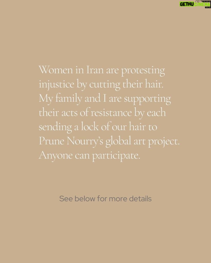 Angelina Jolie Instagram - My friend @Prune Nourry is running a beautiful art project to show solidarity with brave women in Iran who are struggling for equality and rights, and to honor their courage. My family are taking part. Anyone can participate in the project by sending a lock of their hair, before February 25th, to:  MBE #235  13 rue de la Boétie 75 008 Paris, France The exhibition will take place in NYC, on March 8th, 2023. @Strandforwomen #WomanLifeFreedom  #MahsaAmini