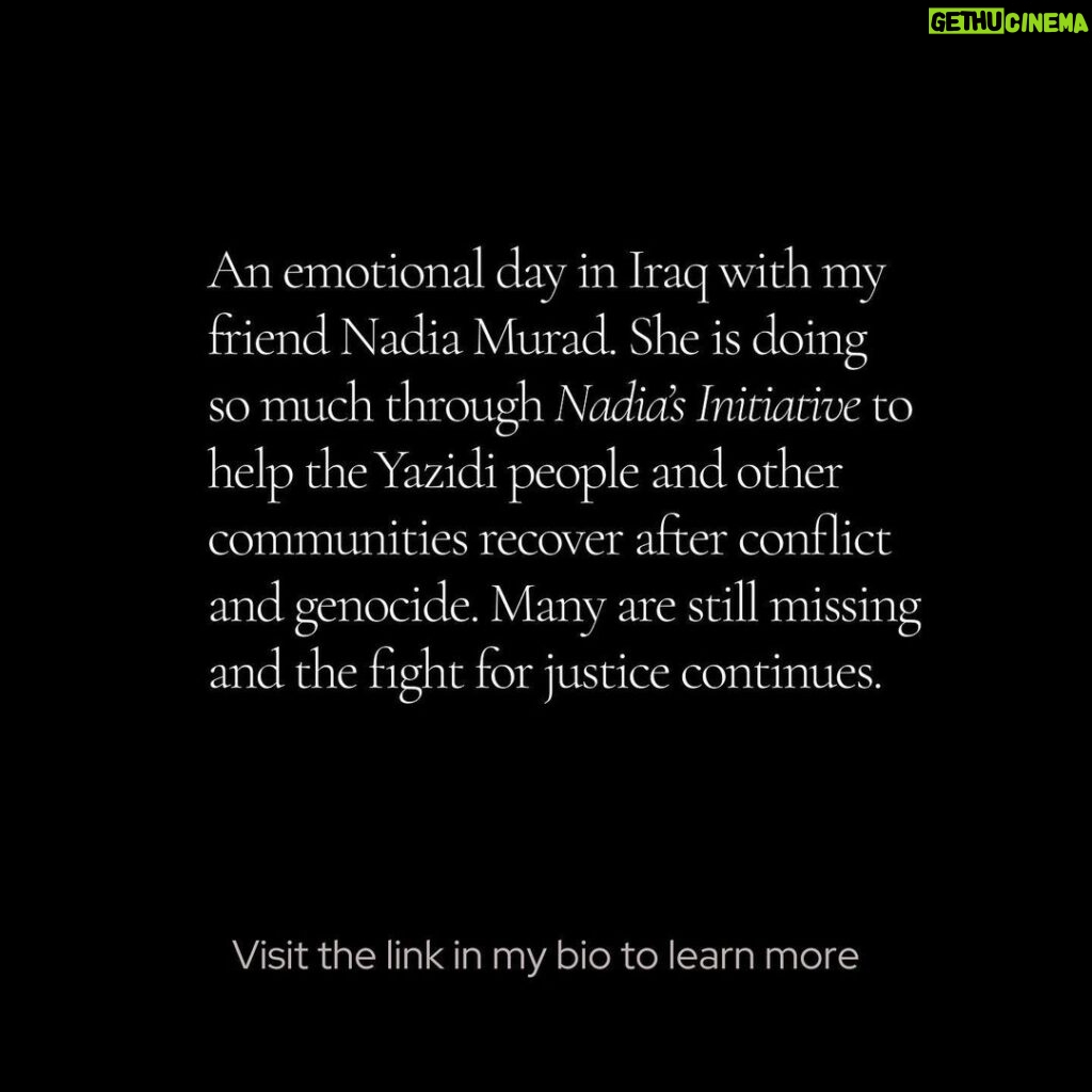 Angelina Jolie Instagram - An emotional day with my friend @Nadia_Murad, who I was honored to spend the day with in Sinjar in Iraq. She is doing so much through @Nadiasinitiative to help the Yazidi people and other communities recover after conflict and genocide. She took me to the home she grew up in Kocho village, her old school where ISIS militants separated women and men before enslaving and mass murdering them, and the cemetery where the remains of Kocho residents have been laid to rest. Many are still missing and the fight for justice continues. #Yazidigenocide #Yazidis #NadiaMurad #NadiasInitiative #Iraq
