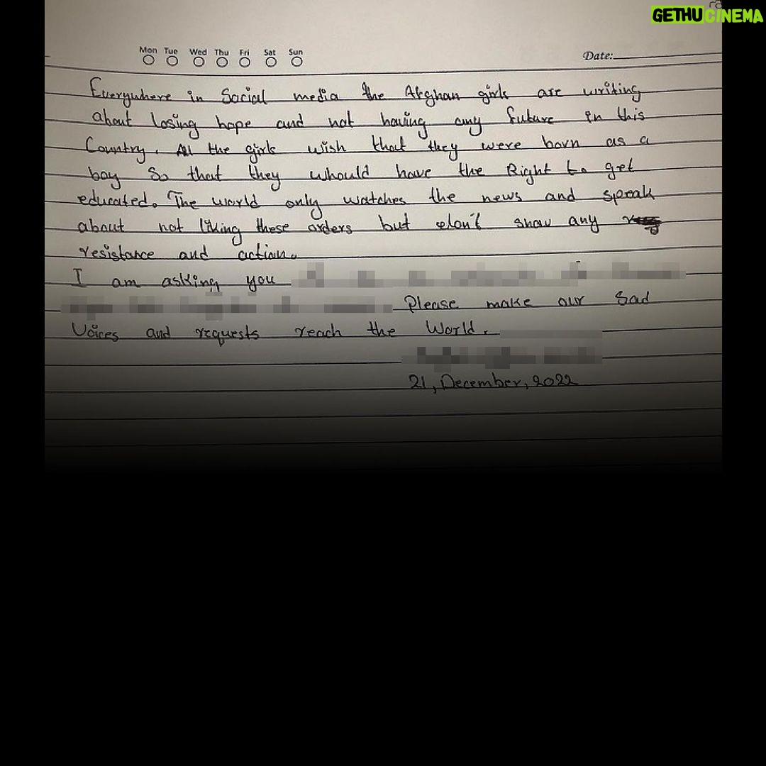 Angelina Jolie Instagram - I received a new letter today from my young Afghan friend. I’m protecting her name and identity for her and her family’s sake. “I heard the saddest news”, she writes. Today the Taliban sent armed men to bar Afghan girls from going to university. It comes on top of a complete ban on high school education for girls. Afghanistan is now the only country in the world that bans education for women. “All the girls wish that they were born as a boy so that they would have the right to get educated”. While supporting Afghan women in the face of this cruel, oppressive policy, there is more we can do to help Afghans who are rebuilding their lives in America. Congress has a chance this week to pass legislation giving a path to lawful permanent residence for Afghan families who were evacuated to the US when the Taliban took power, and to help almost 1,500 unaccompanied Afghan children who’ve been separated from their parents or primary caregiver. Please ask your Members of Congress to pass the bipartisan Afghan Adjustment Act. #LetAfghanGirlsLearn #AAA @upliftafgfund