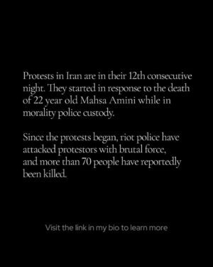 Angelina Jolie Instagram - Respect to the brave, defiant, fearless women of Iran.
 
All those who have survived and resisted for decades, those taking to the streets today, and Masha Amini and all young Iranians like her.
 
Women don’t need their morals policed, their minds re-educated, or their bodies controlled. They need freedom to live and breathe without violence or threats.  
 
To the women of Iran, we see you. 
 
#WomanLifeFreedom
#MahsaAmini
