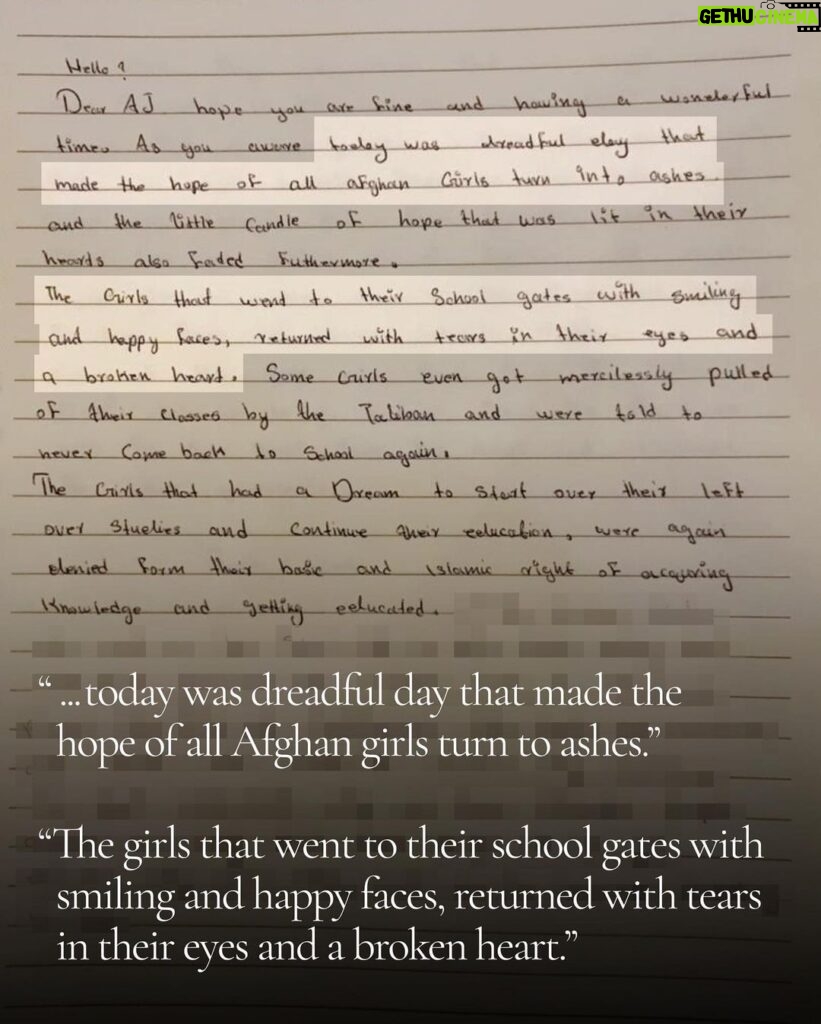 Angelina Jolie Instagram - I received this letter from an Afghan girl, one of millions affected by the Taliban’s closure of girls’ high schools in Afghanistan - on the first day of the school year. Millions of Afghan girls who have already missed 8 months of education don’t know if and when they will ever set foot in a classroom again. I share it in the hope that you will continue to join me in listening to voices like hers, and continue to support and fight for women’s education and rights in Afghanistan. #afghanwomen #afghanistan #letafghangirlslearn