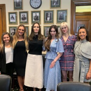 Angelina Jolie Instagram - I was honored to meet with some of the brave US gymnasts who appeared before the Senate Judiciary Committee yesterday. I’m in awe of their courage and commitment to preventing future failures to investigate abuse. As Aly Raisman said in her testimony, “Over 100 victims could have been spared the abuse. All we needed was one adult to do the right thing.” Sending support and respect to them, and to all who are reliving this trauma so that system reforms can occur. 

I was on Capitol Hill this week, engaging with Senators on the Violence Against Women Act reauthorization and FBI reforms, including better protections for abused children, non-biased forensic evidence collection, trauma care, and judicial training.
 
Pictured in first photo (from left to right):
@kayleelorincz @callmeswags @McKaylaMaroney @jessica.a.howard @alyraisman

Second photo credit: Getty Images

#StopViolenceAgainstWomen #USCapitol #Senate