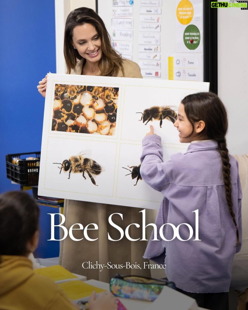 Angelina Jolie Instagram - I had the pleasure of participating in a Bee School a few weeks ago at a primary school in Clichy-sous-Bois, France, to teach the kids the key role bees play as pollinators to our food safety and in biodiversity conservation. The class was lovely. Brilliant young minds asking great questions. Children always understand quickly what adults often try to overcomplicate or excuse. There were many smiles except when they realized that without bees there was no chocolate! We discussed how the disappearance of bees is a worldwide phenomenon which is endangering biodiversity. These are the kinds of committed daily actions you can do with your kids at home: 1. Plant ‘melliferous’ - pollen and nectar-rich plants - to create a safe habitat and substantial food source for bees. 2. Set up your own bee waterer at home. Bees need water, not only to quench their thirst, but also to nurse developing larvae and keep their nests cool during summer. This is how you can create a safe bee waterer at home: * Grab a large bowl, not made of plastic or aluminum. It is important that the materials are porous or mineral, so that the bees can have a better grip and avoid drowning. Such materials let water fill in the little gaps more easily, allowing bees to drink. * Add water and rocks, stones and/or pebbles. Corks can also be a good alternative. * Place the waterer in your garden. Bees must be able to access it easily, so it should be left out in the open, in a large enough area that is free of any safety hazards. @Guerlain #GuerlainBeeSchool #GuerlainforBees Photography by Ian Gavan More information about the bees can be found in the Assessment Report on Pollinators, Pollination and Food production by IPBES. Link in my bio.