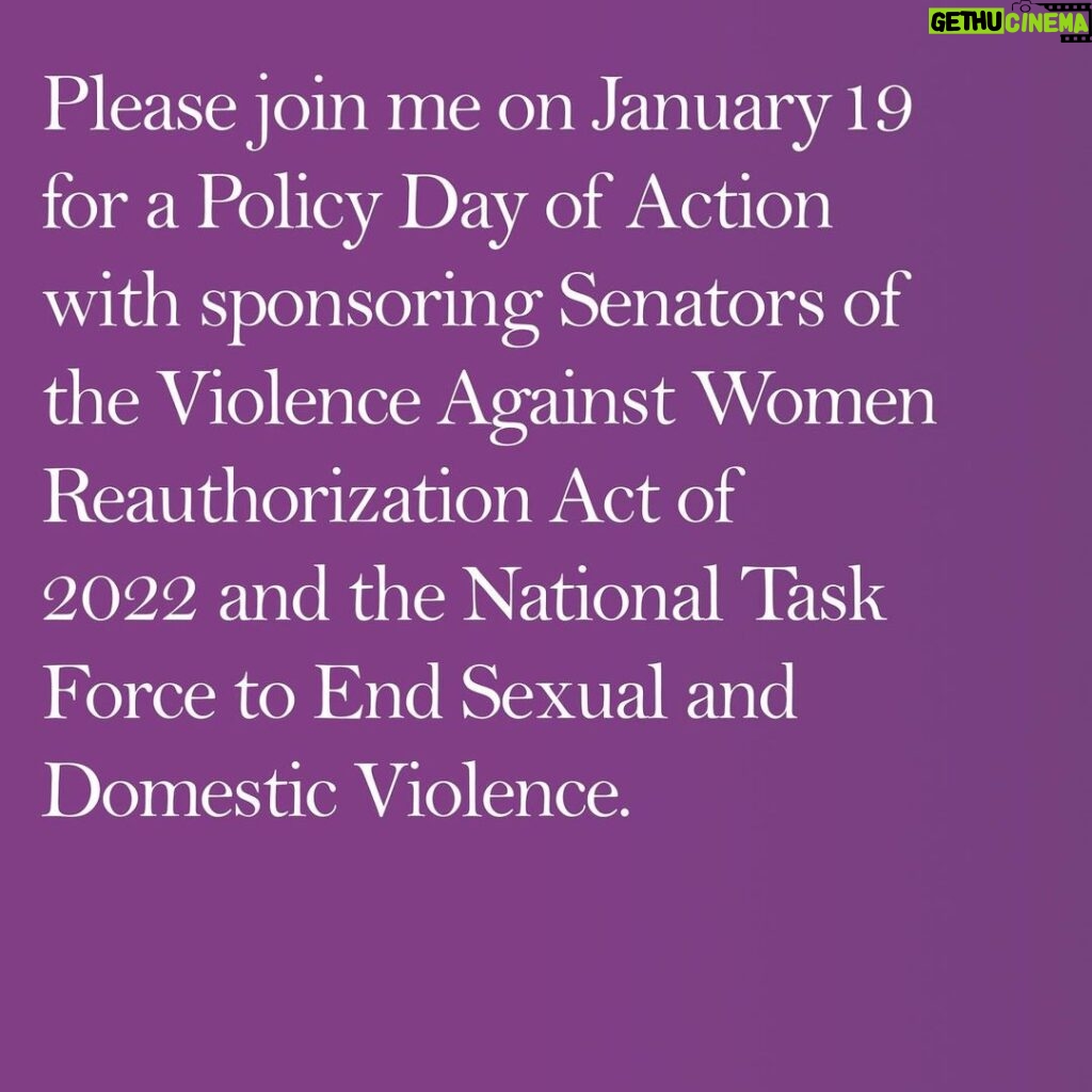 Angelina Jolie Instagram - Please join me on January 19 for a Policy Day of Action with sponsoring Senators of the Violence Against Women Reauthorization Act of 2022 and the National Task Force to End Sexual and Domestic Violence.  VAWA addresses domestic violence, sexual assault, dating violence, and stalking holistically by funding prevention, services, and training. Since VAWA was passed in 1994, the rate of domestic violence in the U.S. has decreased by 63% and spousal homicides have decreased by 50%. VAWA is a bipartisan bill that strengthens protections for survivors, invests in abuse prevention and in families and communities, and saves lives. Virtual Rally (Jan 19 | 12:15pm ET) Twitter Storm Toolkit (Jan 19 | 1:00pm ET) Links in bio #VAWA #VAWA4ALL